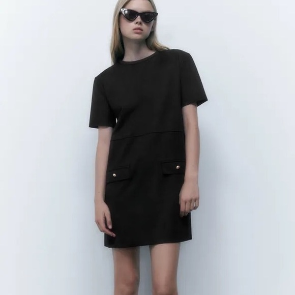 Zara Black Faux Suede Gold Button Shift Sheath Mini Dress - S - Picture 2 of 16